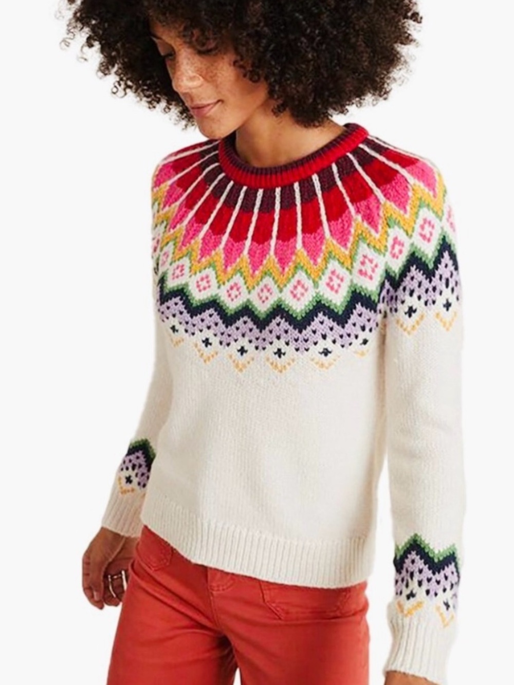 Marine Layer x LF Ellie Fair Isle Sweater, Cream with Rainbow Yoke, Nordic, XS